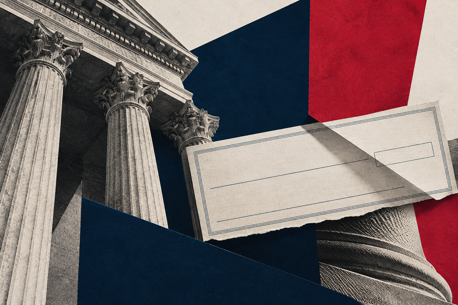 Editorial collage of court architecture and a bank document