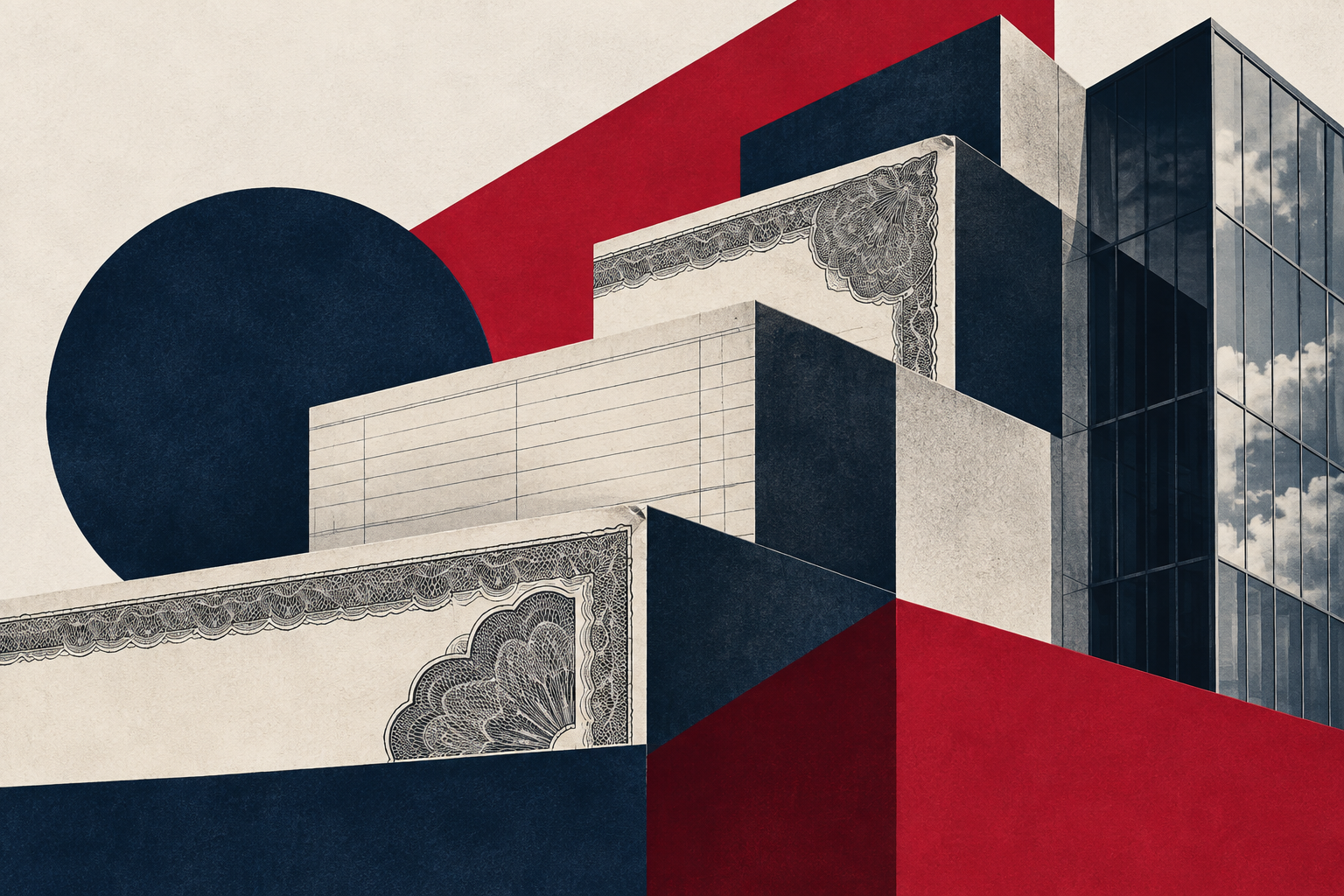 Editorial collage of architecture and financial documents